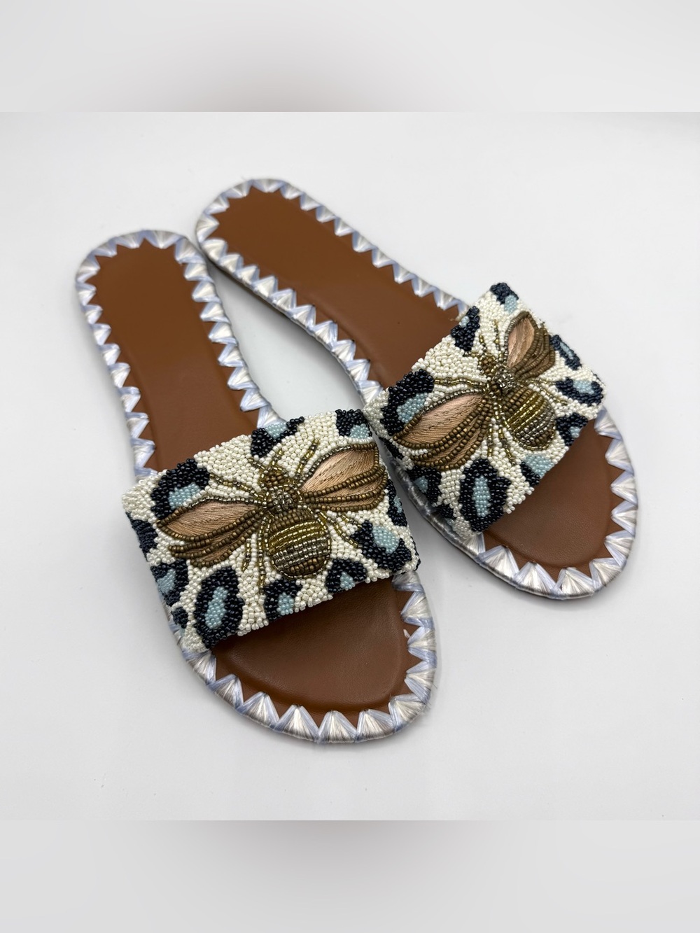 Tiana New York Beaded Bee Slide Sandals Leopard Print Flat Slippers Size 10